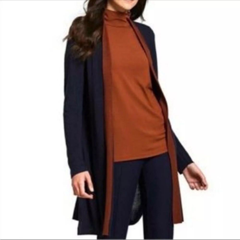 EILEEN‎ FISHER Long Open Cardigan Navy Brown Stripe Size PL L Petite Fall Casual